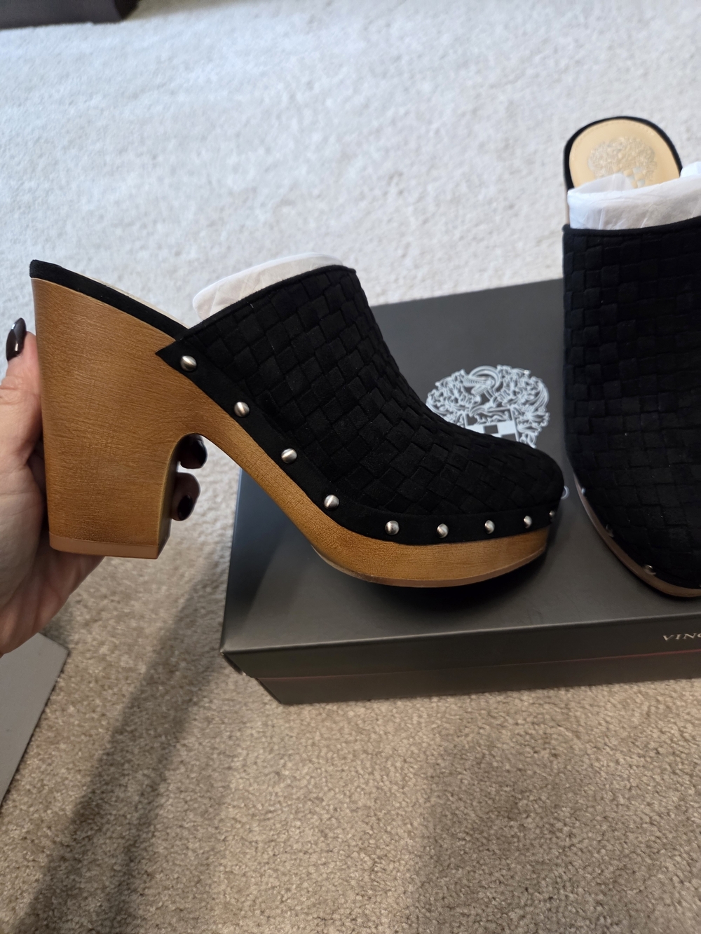 Vince Camuto Cindell Black Woven Suede Platform Clogs - Picture 3 of 6